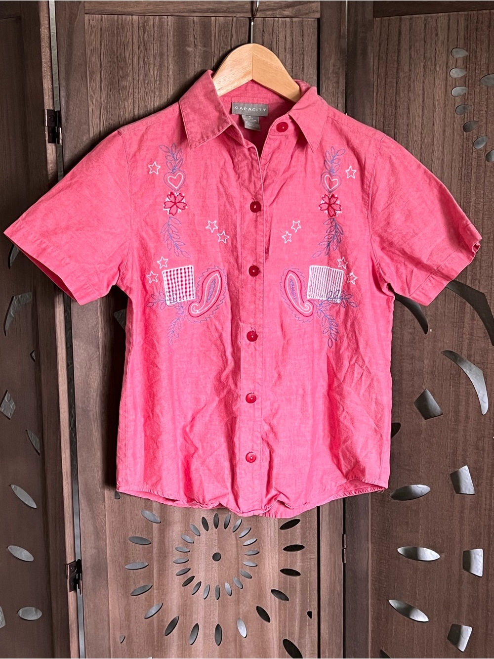 Coral Pink Embroidered Short-Sleeve Button-Down Shirt